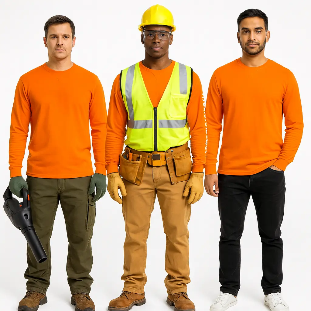 6 Pack: 100% Cotton High Visibility Safety Orange Long Sleeve Crew Neck T-Shirts NON ANSI Hi Vis Workwear Ribbed Cuffs Layer Ready Construction Warehouse Road Crew Landscaping Sizes S-3XL