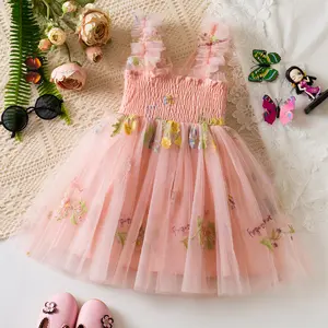 Butterfly Dresses for Kids Girls Embroidery Flower Girl Dress for Birthday and Wedding Party Smocked Sling Tulle Princess Fairy Easter Dress for Girls wiht Butterfly Wing