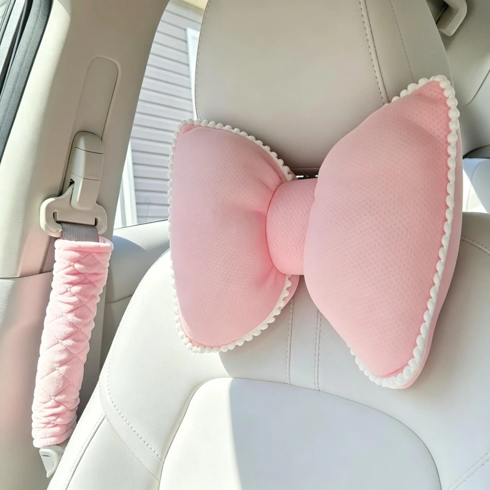 Women's Ergonomic Car Neck Pillow - 1pc Velvet Stretch Polyester, Snap Strap, Support for Driving Travel, Headrest Decor Car Interior Accessory,Heart-Shaped Soft Car Neck Pillow,  ,cushion support Solid Color Bowknot Car Neck Pillow