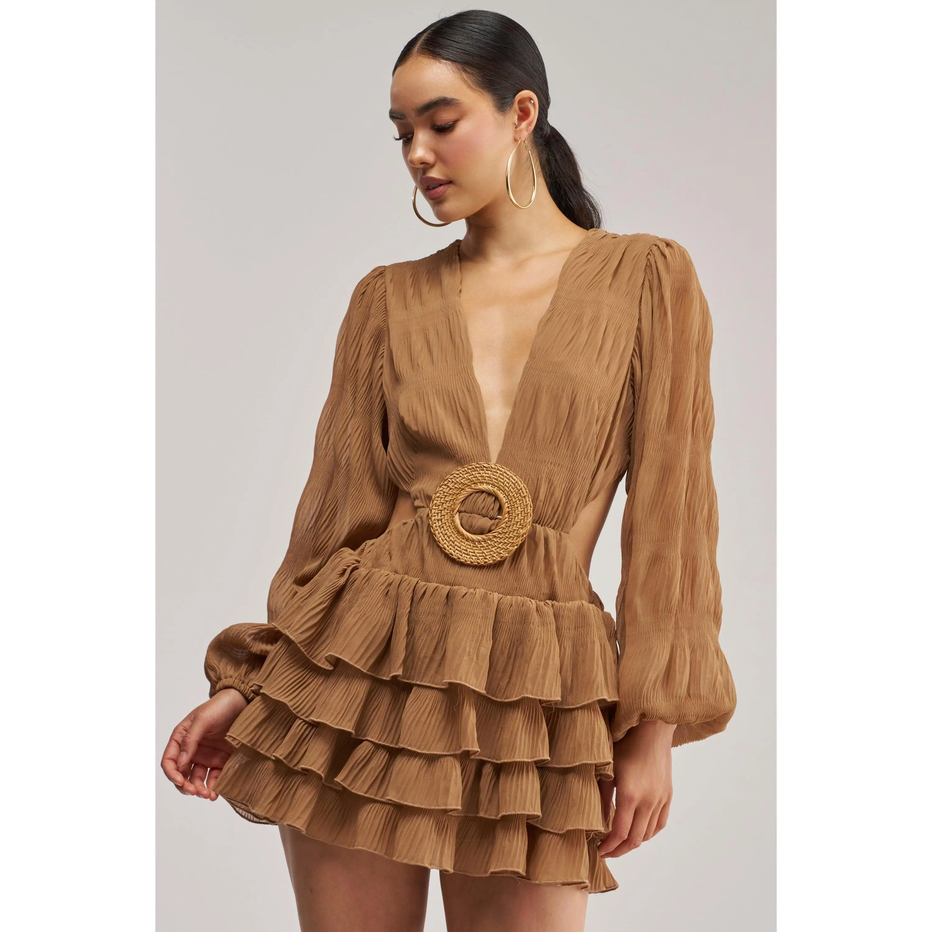 ON ISLAND TIME RUFFLED MINI DRESS IN TAUPE