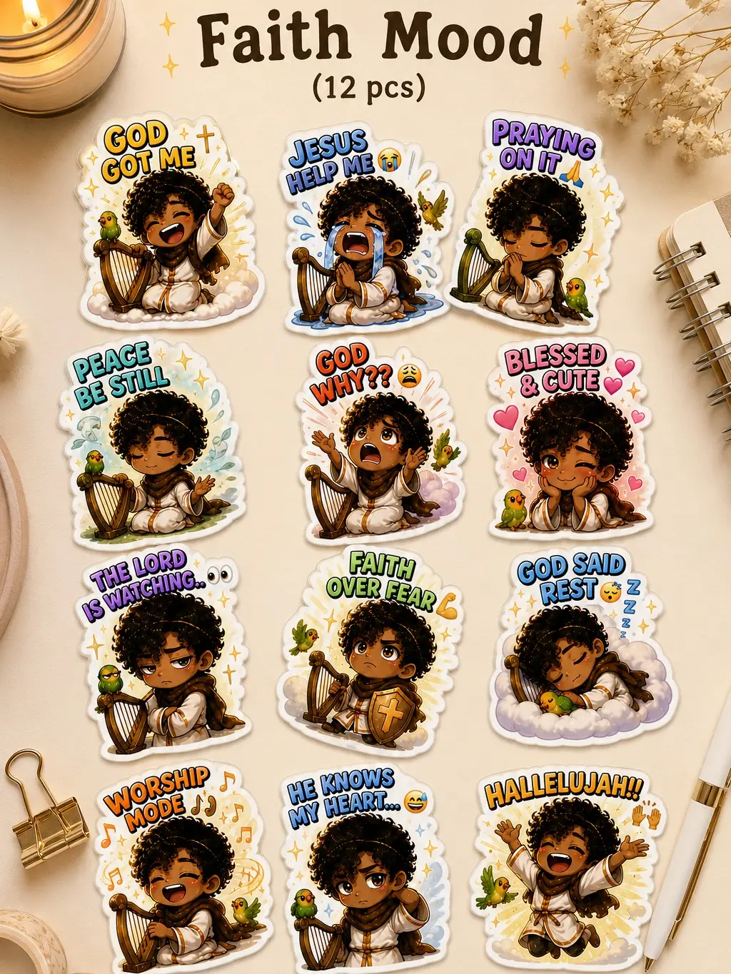Shepherd David Chibi Character-Based Reaction Sticker Flakes - DIY Faith Art Supplies for Scrapbooking, Stamping, Journals, Planners, Toys & Hobbies Enthusiasts