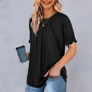 Womens Fashion Dressy Casual Shortsleeve Blouse Summer Shirts Crew Neck Pleated Ruffle Sleeve Tops for Women