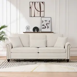 86" King Pull Out Sofa Bed, 3 in 1 Convertible Sleeper Sofa, Modern 3 Seat Couch with Nailhead Trim & Rolled Arm for Living Room, Apartment, Office, Beige Chenille