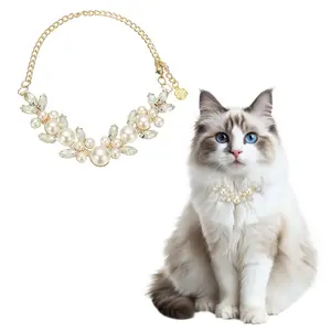PETAXCELL Dog Necklace Collar, Gold Chain Pets Pearls Adjustable Crystal Rhinestones Cat Wedding Metal Collar Jewelry Accessories 16In, (Beige), Intended for Teacup / Kitten / Small Pet
