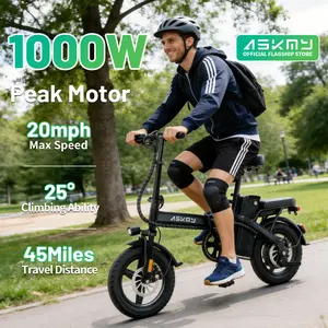ASKMY E14 Lightweight Folding Electric Bicycle, 750W–1000W Peak Motor | Up to 45 Miles Range | 14" Tubeless Tires, Dual Brakes | UL Certified Battery for Urban Riding