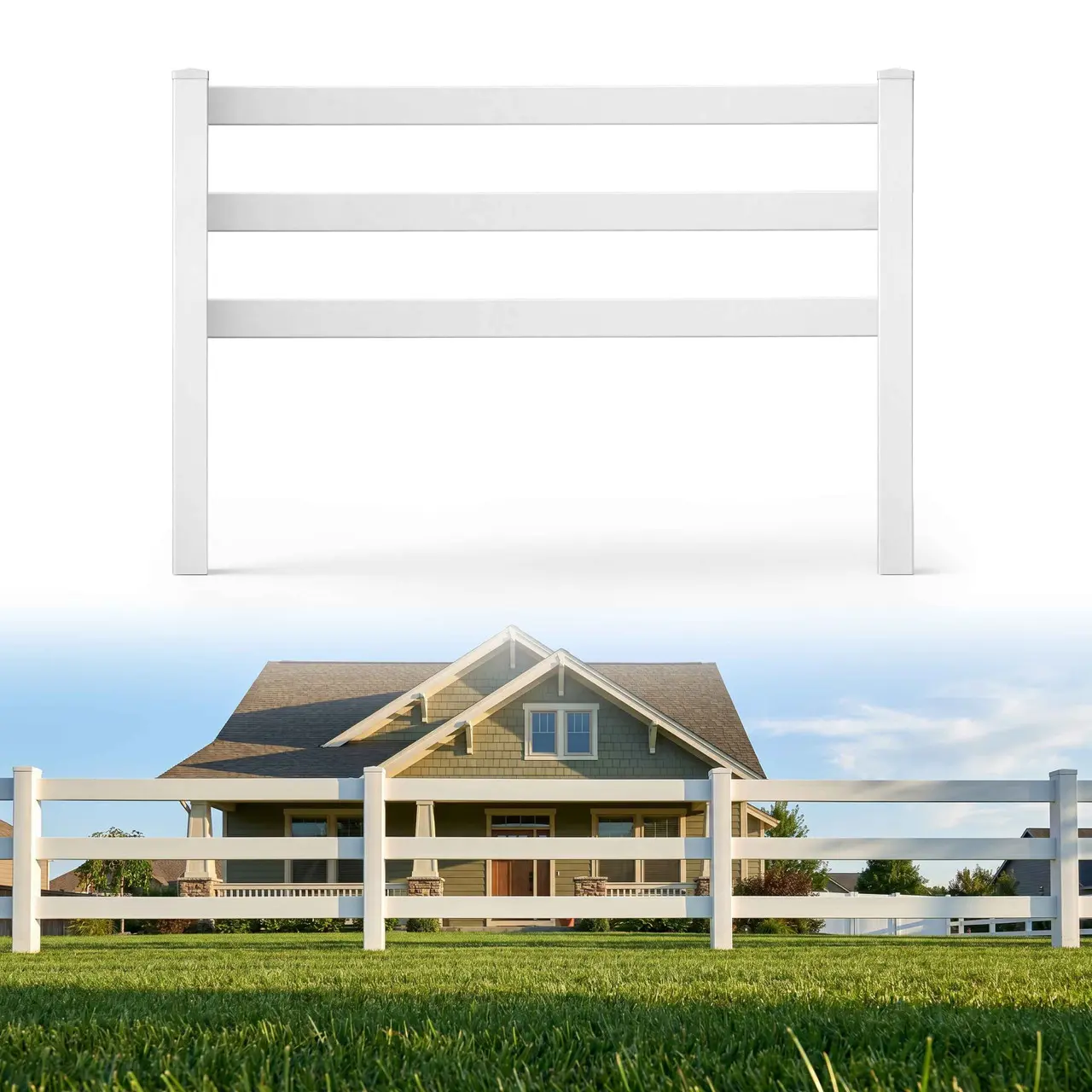 Fencer Wire 3-Rail Vinyl Ranch Fence Kit, 4ft H x 8ft W, White PVC Fence System with 6ft Line Posts & 8ft Rails, UV-Resistant, Easy Installation, Durable Outdoor Fencing for Ranch, Yard & Farm