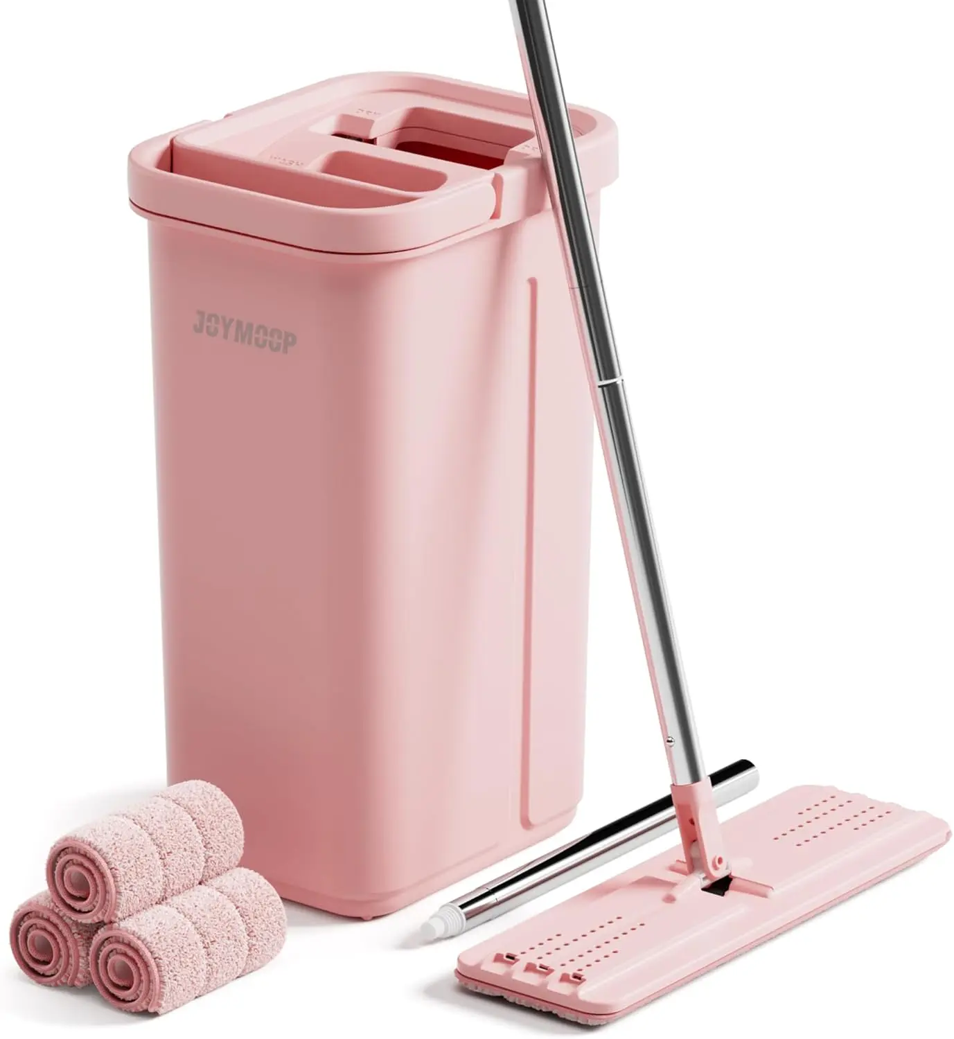 Mop and Bucket with Wringer Set – JOYMOOP Flat Mop System, Hands-Free Cleaning with Reusable Microfiber Pads for Home Floor Cleaning (Pink)