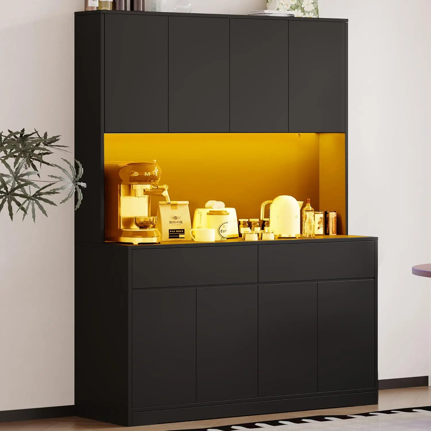 71" Tall Storage Cabinet w/Power Outlet and Led Light, Large Kitchen Hutch Pantry Cabinet w/ 2 Drawer and 8 Doors,Modern Freestanding Buffet Cabinet for Kitchen,Dining Room (Black/White)