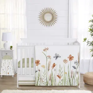 Sweet Jojo Designs 4-Piece Baby Crib Bedding Set (Green Boho Floral) for Girls, Infants/Nursery incl. Blanket, Fitted Sheet, Skirt, Diaper Stacker (Flower, Garden, Bohemian, Farmhouse, Wildflower)