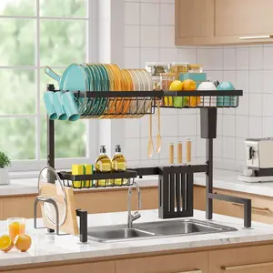 Over Sink Dish Drying Rack Adjustable 2-Tier | Stainless Steel Kitchen Organizer with Utensil Holders | Large Capacity 30–33.9 Inch Black