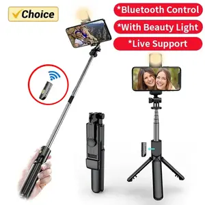 Selfie Stick Tripod with Bluetooth Remote & LED Light, Extendable Phone Holder for TikTok Live & YouTube Videos, Portable Travel Stand for Samsung