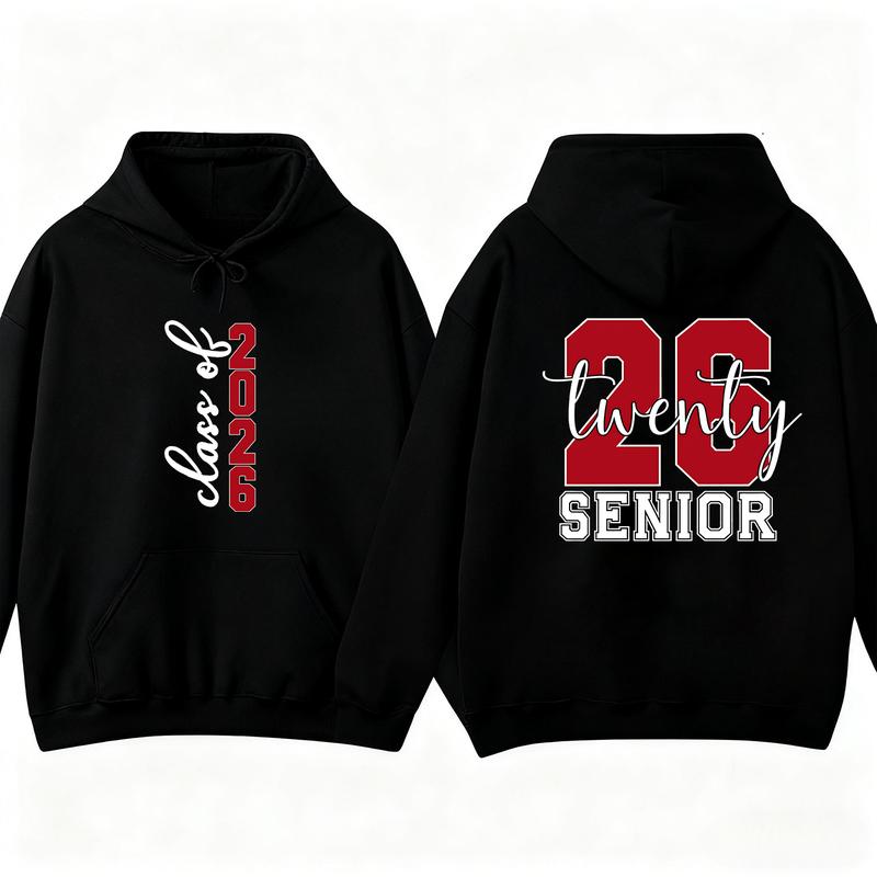 Class of 2026 Senior Hoodie – Black Double-Sided Pullover with Bold Red Year & Script Graphic, Trendy Graduation Sweatshirt for Senior Spirit Style