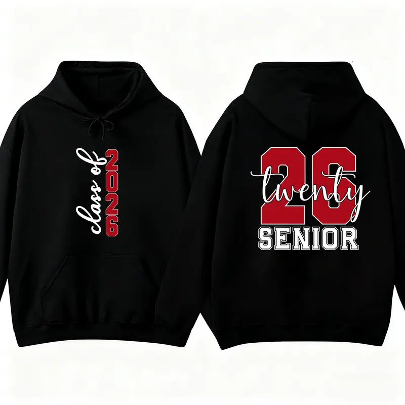 Class of 2026 Senior Hoodie – Black Double-Sided Pullover with Bold Red Year & Script Graphic, Trendy Graduation Sweatshirt for Senior Spirit Style