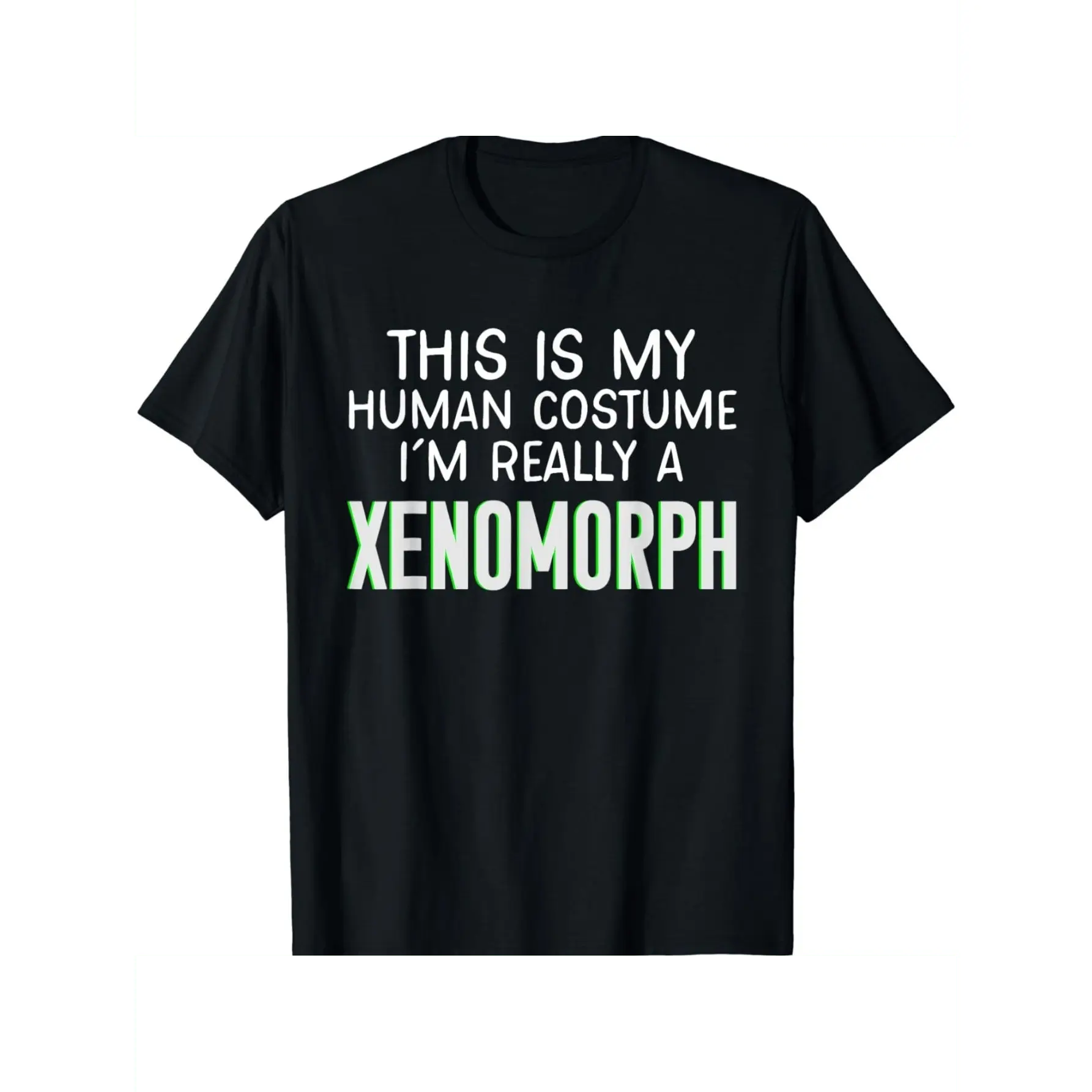 Men's Short-Sleeve Round Neck Xenomorph Alien Movie Quote Graphic T-Shirt - "This Is My Human Costume" Black Sci-Fi Menswear, Double Print, Retro Vintage Metalcore Streetwear, All-Season Comfort Fit, Fan Gift for Dads, Geek Culture Event Top