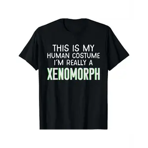 Men's Xenomorph Alien Movie Quote Graphic T-Shirt - "This Is My Human Costume" Black Sci-Fi Tee, 100% Casual Retro Vintage Metalcore Apparel, Double Print, All-Season Comfort Fit, Fan Gift for Dad, Geek Culture Themed Events Top