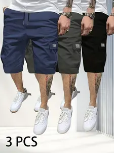 3pcs Men’s Casual Loose Cargo Shorts – Large Pockets & Letter Print, Machine Washable Non-Stretch Fabric, Durable Design, Outdoor Style, Street Fashion, Summer Wardrobe Essential