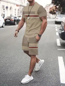 Men's 3D Geometric Print Two-Piece Set, Casual Matching Set, Slim-Fit T-Shirt & Shorts, Fashionable All-Season, Trendy Men's Clothing