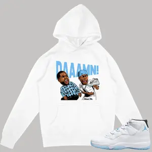 Legend Blue Jordan 11 Hoodie Highlighting Bold "DAAAMN" Design in White for Sneakerheads and Streetwear Fans