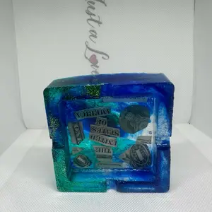 Homemade Blue and Green Resin Ashtray - Blue and Green Color, Clear Design, Includes Various Items, Ideal for Home Use