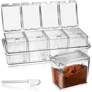 4-Cell Clear Seasoning Rack  Box, Storage Container Condiment Jars  Seasoning Box with Cover and Spoon (Basic Clear)