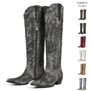 Trendy Coastal Cowgirl Western Boots Vintage Denim Embroidery Chunky Heel All Day Comfort For Summer Daily Wear