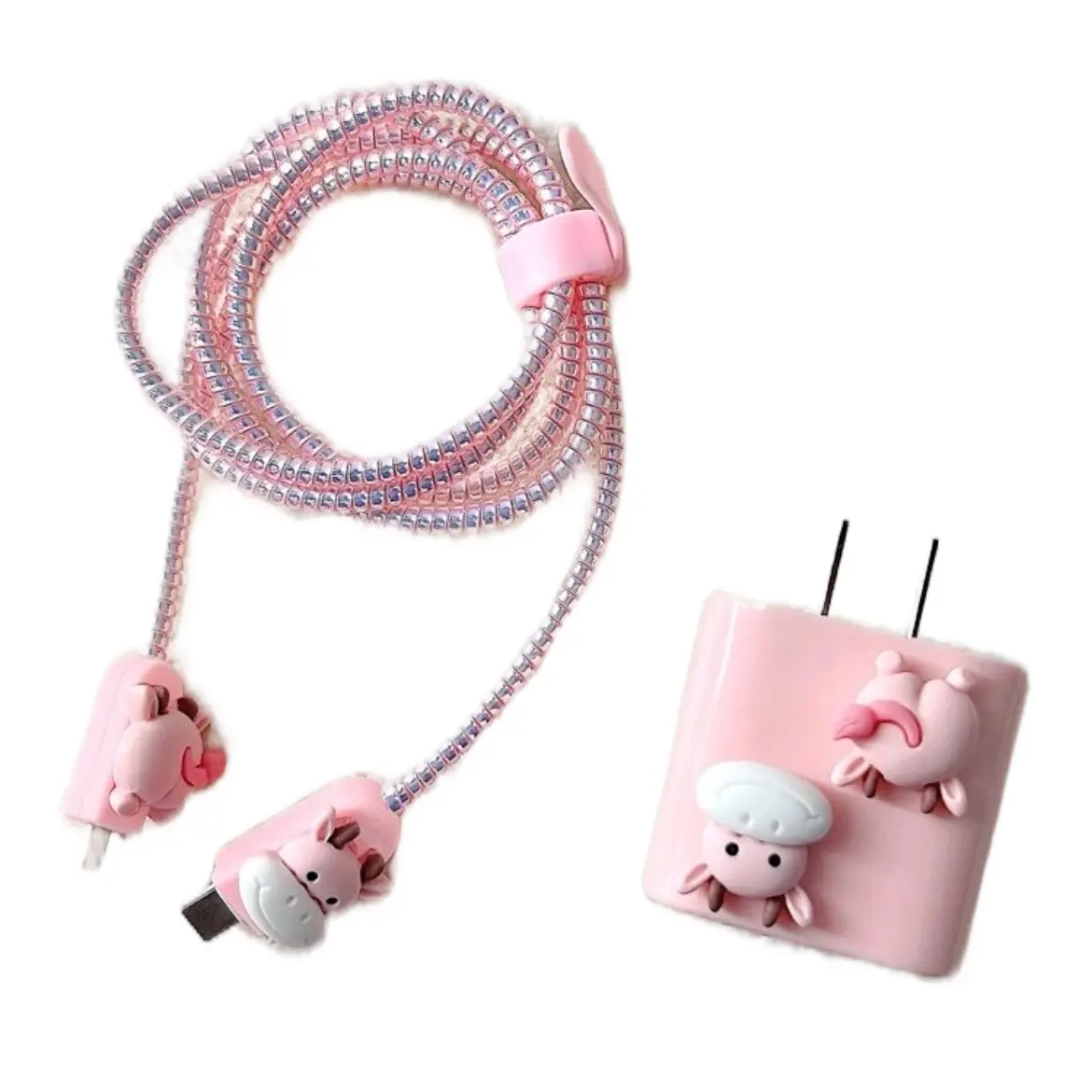 5 PCS Cute Pink Cow Decor Data Cable & Charger Head Protector Set for Electronics Durable Charging Protection