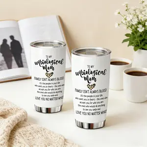 AuraCup 1pc 20oz stainless steel insulated tumbler with lid and straw, Vacuum insulated cup, Insulated mug, Insulated travel drinkware, "Unbiological Mom" family love quote design, double-wall hot cold coffee cup, gifts for mom, bonus mom, stepmom