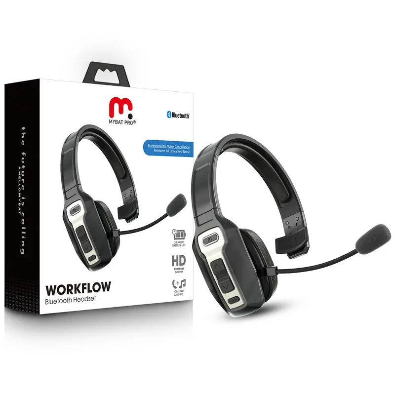 MyBat Pro WorkFlow Active Noise Canceling Wireless Headphones - Black Over-Ear Head-Mounted Bluetooth Audio Device, Compatible, Battery-Powered, Noise Cancelling Mic, Hands-Free Call Clarity, Remote Work Productivity, Bluetooth Audio Wireless Headphones