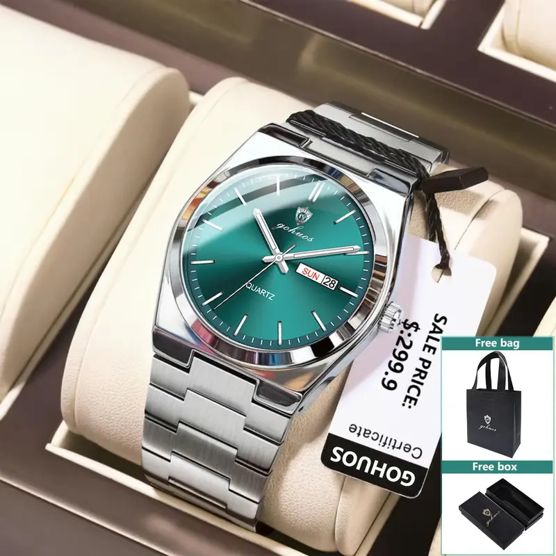 GOHUOS Men's Casual Business Round Dial Analog Quartz Watch with Green Dial, Fashionable for Party & Daily Wear, Includes Free Box & Bag, Trendy All-match Exquisite Gift Watch