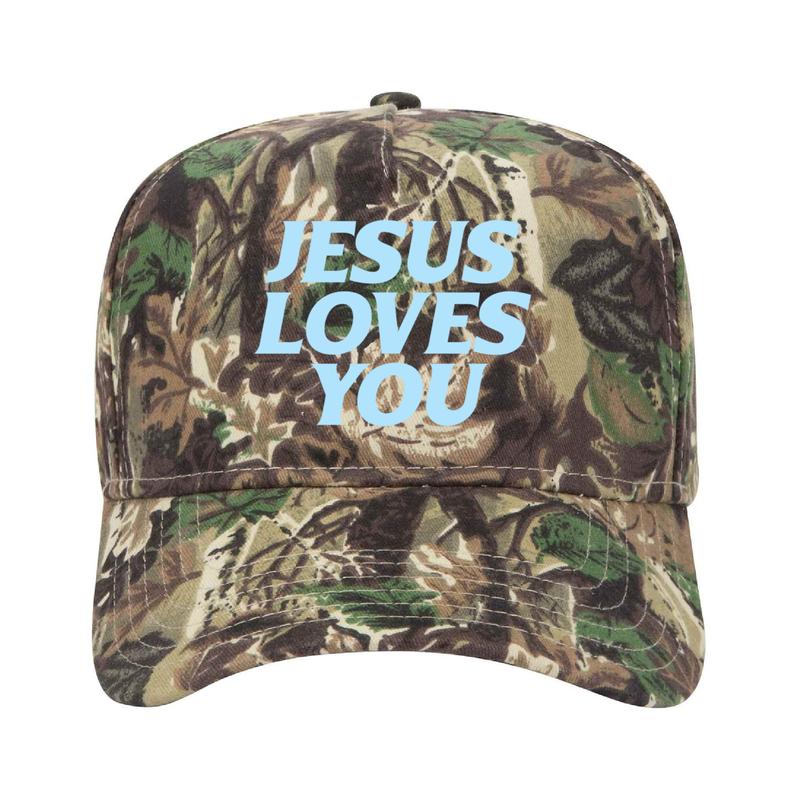 Jesus Loves You Camo Unisex Trucker Hat with Bold Text Design and Adjustable Fit