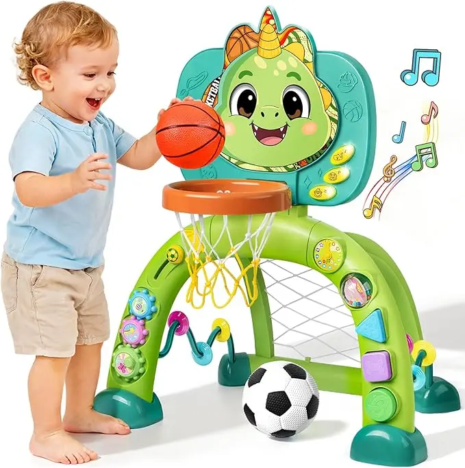 Toddler Basketball Hoop & Soccer Goal Set with Soccer Ball - Soft Sports Toy for 1-3 Yrs Boys & Girls, Dinosaur Activity Center with Sports & Music, Lights, Requires Batteries, Memorial Day Deals Gift, Ages 1-3 Yrs