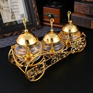 Set of Three Wheel Glass Spice Jars Modern Minimalist Style, Metal Frame with Glass, One-Touch Lid Design for Easy Access in Kitchen & Dining Bottles