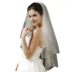 Women's 2-Layers Exquisite Handmade Beaded Bridal Veil, 80-100cm American Net Wedding Veil, Two Layers