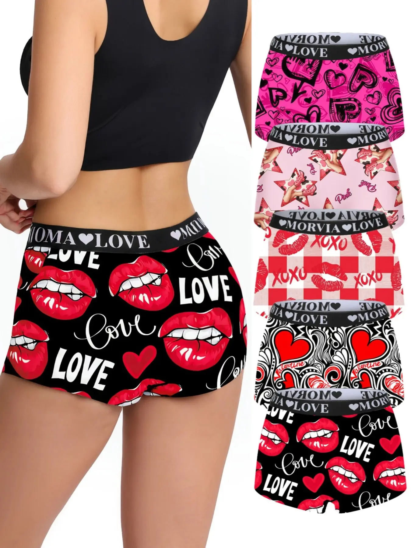 5-Pack Women's Fashion Comfy Cute Printed Elastic Waist Underwear Set, Heart & Letter Design, Soft Comfortable Panty for All Seasons, Soft Stretch Panties, Casual Soft Panties