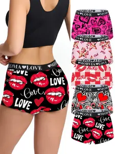 5-Pack Women's Fashion Printed Underwear Set, Heart & Letter Design, Soft Comfortable Flat Briefs, Comfy/Cute, Elastic Waist, All Seasons, Value Pack