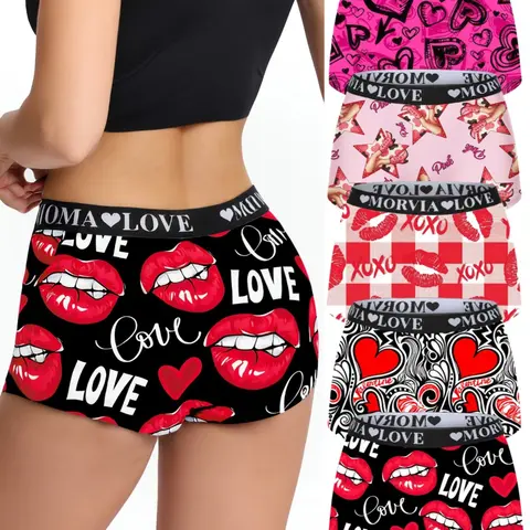 5-Pack Women's Fashion Comfy Cute Printed Elastic Waist Underwear Set, Heart & Letter Design, Soft Comfortable Panty for All Seasons, Soft Stretch Panties, Stretchy Panty