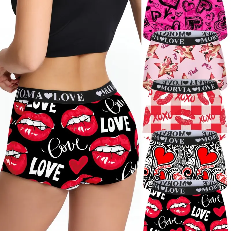 5-Pack Women's Fashion Comfy Cute Printed Elastic Waist Underwear Set, Heart & Letter Design, Soft Comfortable Panty for All Seasons, Soft Stretch Panties, Stretchy Panty
