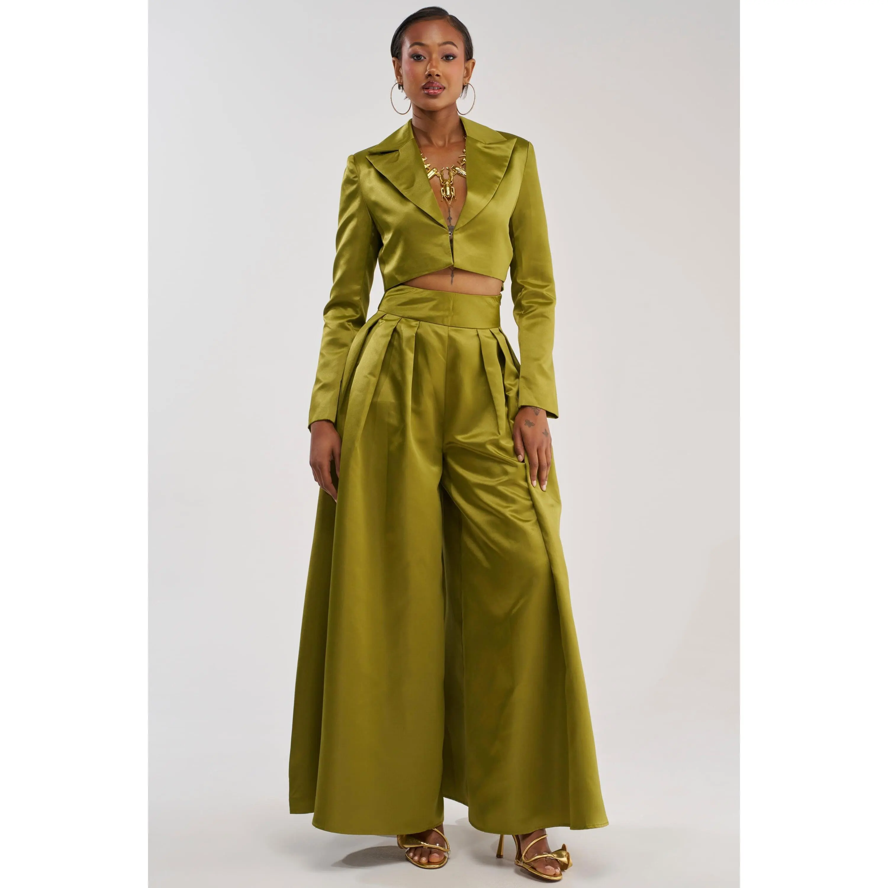 LILA SATIN TROUSER IN CHARTREUSE