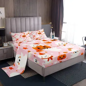 Pink Halloween Fitted Sheet,Cartoon Pumpkin Lantern Ghost Decoration for Kids Boys Girls,Pink Sheets Set,Happy Halloween Bed Sheet Set