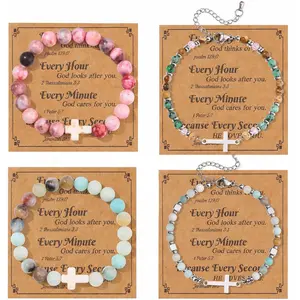 4PCS Cross Bracelets for Women Christian Gifts - 4MM 8MM Beaded Cross Bracelet Inspirational Christmas Confirmation Baptism Birthday Gifts Natural Stone Bracelets Jewelry