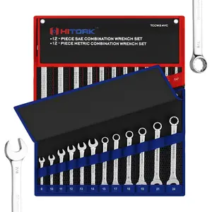 24-Piece Combination Wrench Set, SAE (1/4"–1") & Metric (8–24mm), Cr-V Steel, Mirror Chrome Finish, 12-Point Box End, 15° Offset, with Roll Pouch – Ideal for Home, Garage & Auto Repair