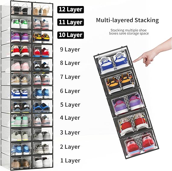 12-Pack Clear Shoe Storage Bins – Stackable Plastic Shoe Organizer for Closet, Space-Saving Foldable Shoe Rack, Sneaker Holder with Black Frame