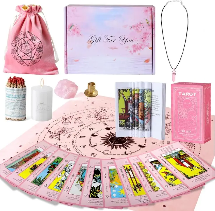 Myripoly Tarot Cards Set with Meanings on Them-Beginner Tarot Deck Set-Tarot Spread Cloth,Velvet Pouches-Tarot Cards for Beginners Crystal-Rope Satya Incense