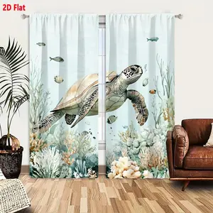 2D Flat 2-Pack Underwater Whimsical Sea Turtle Coral Fish Watercolor Curtains, Light Brown Shell Turtle with Colorful Fish and Coral Reefs, Soft Light Blue Background Serene Marine Scene, Bedroom Living Room Decor Curtains