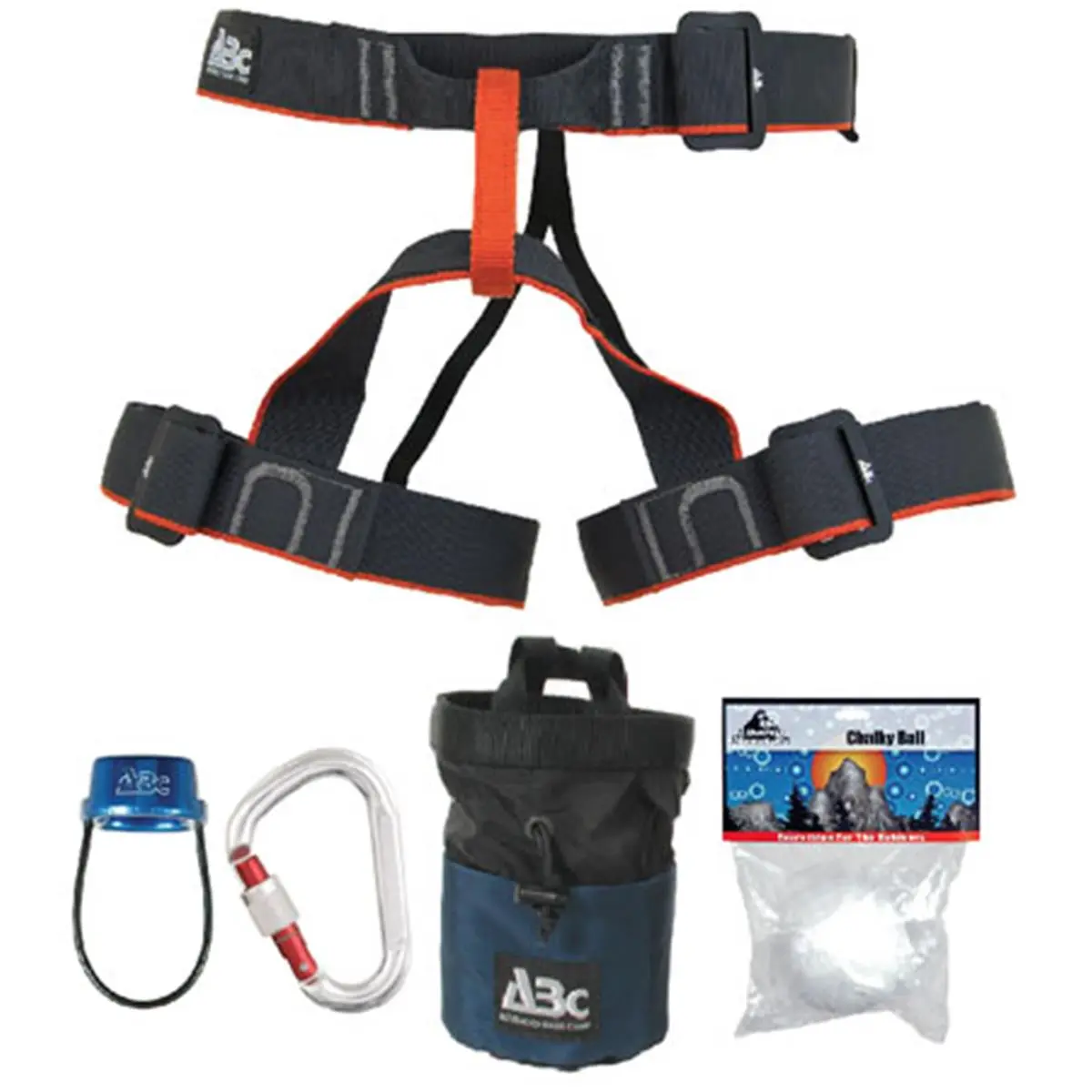 ABC Rock Climbing Starter Package for Beginners with Mesh Gear Bag, Guide Harness (Fits Waist 20-50"), Tube Belay, HMS Carabiner & Chalk Bag, Waist Adjustable, Chalk Bag With Belt