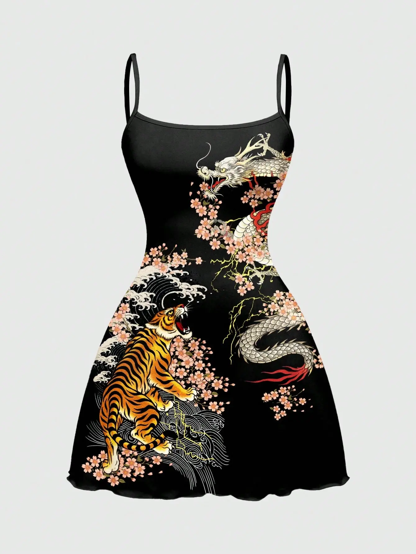 RTL New Chinese Style Dark Tiger Sakura Floral Sexy Dark Allover Print Mini Dress For Women Bodycon Going Out Party Dress