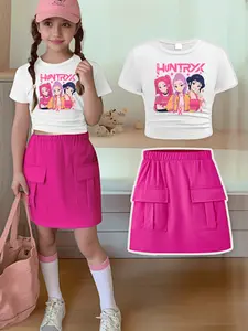 Girls Kpop Demon Hunters Short Sleeve Skirt Set, Cute Cartoon Print T-Shirt & Dress, Summer Breathable Casual, Fan Gift, Cute Clothing Set