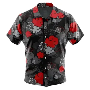 Black Red Cloud All-over Print Short-sleeve Hawaiian Shirt, Japan Pattern Summer Beach Tropical Button Down Shirt, Casual Vacation Floral Shirts