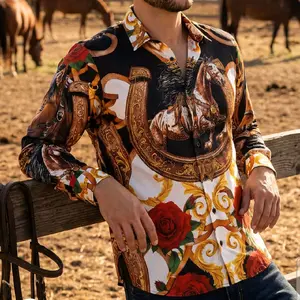 Barabas Men's Black and White Horse Rhinestone Button Up Long Sleeve Dress Shirt Menswear Top with Rose and Gold Accents