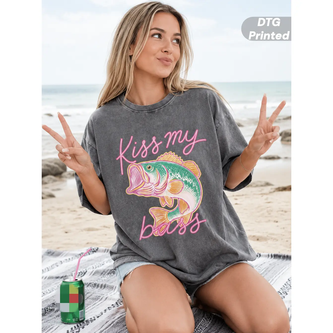 MuseBeau DTG Printed Women's Short-Sleeve Smooth Seamless Casual Graphics T-Shirt - 100% Cotton Kiss My Bass Fish Print, Beach Wear, Preppy Vibes Top, Shortsleeve, Round Neck, Fabric, Plain, Soft, T Shirts, Women's Graphic Tees,Fitted Cut,Summer Outfit